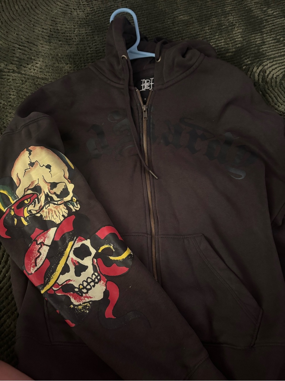 Ed Hardy Black Zip-Up Hoodie with Red and Yellow Skull Sleeve